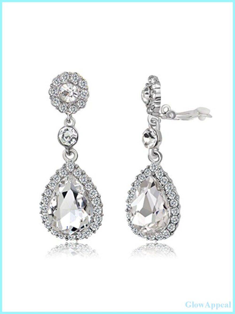 Crystal Teardrop Clip On Dangle Earrings Bridal Wedding Jewelry